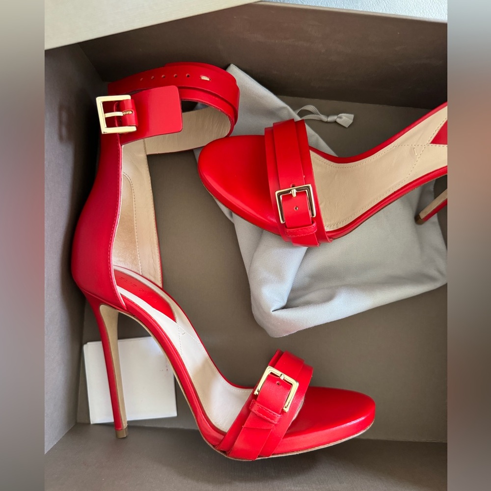 NEW Elie Saab Red Hibiscus Heel Sandal Gold Side Buckle Moe / Santorini
